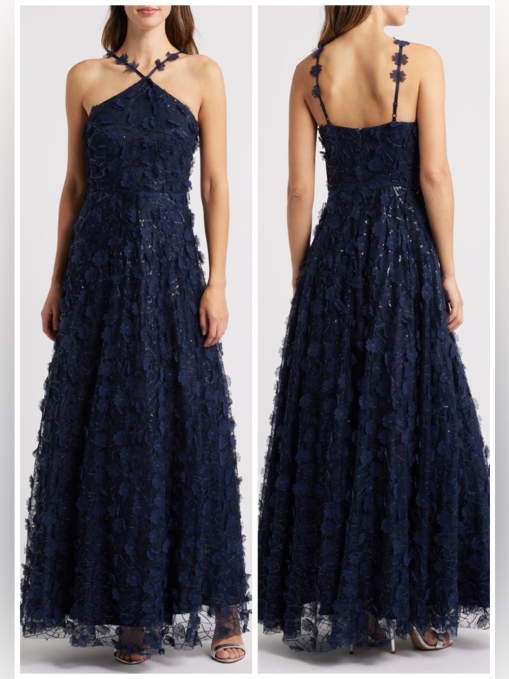 New Eliza J Floating Flow Floral Sequin Halter Ballgown Dress Navy Blue Sz 4